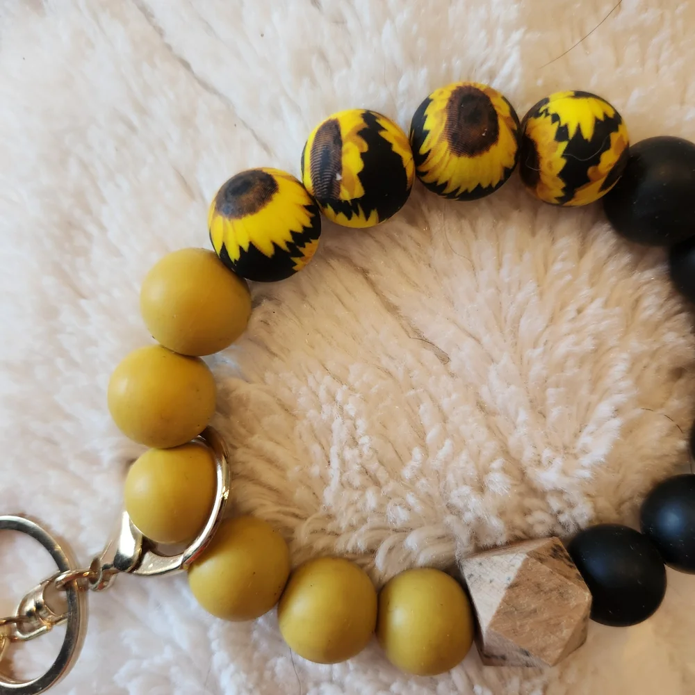 Silicone Yellow and Black Beaded Tassel Keyring Bracelet BNWOT